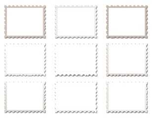 Nine postage stamp-style frames of varying shades, with a decorative scalloped edge, arranged in a three-by-three grid