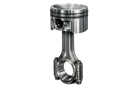 Engine piston and connecting rod isolated on transparent background illustrating automotive power and internal combustion mechanism