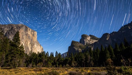 Long exposure of star trails over a mountain valley, highlighting the Milky Way's movement with blurred star patterns
