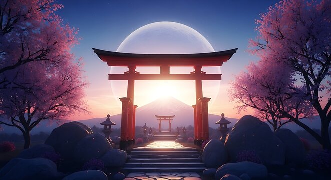 Serene japanese torii gate at sunset with cherry blossoms and full moon
