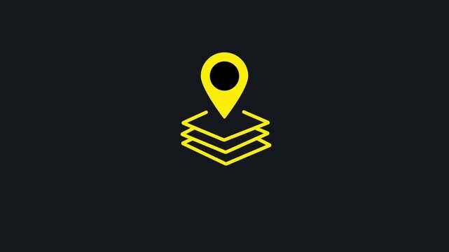 Yellow map pin icon on stacked yellow layers on a dark gray background location marker