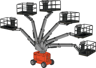 Multi arm aerial work platform illustration, boom lift, cherry picker, hydraulic arms, safety baskets, construction equipment, industrial vehicle © Salman