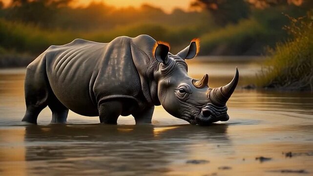 Majestic rhinoceros wading in the tranquil waters of a serene river at sunset.