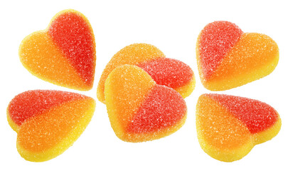 an assortment of delightful heart-shaped gummy candies in two-tone red and orange, glistening with sugar crystals, artistically arranged on a dark background.