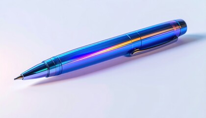 Iridescent blue pen on white surface with soft lighting and subtle shadows