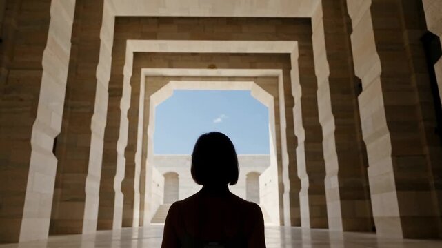 Woman entrance of dark maze corridor geometric stone archway, silhouette against bright sky, dramatic architecture, choice of future path from back