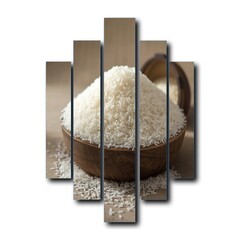 Split Panel Composition of White Rice in Wooden Bowl on Neutral Background