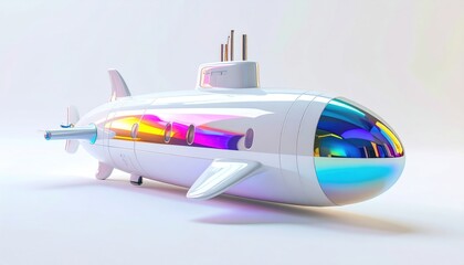 Shiny white submarine with iridescent windows, fins, and propellers, isolated on a white background
