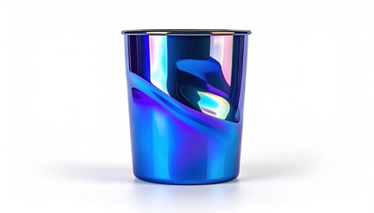 A tall, iridescent blue cup reflecting light against a white background