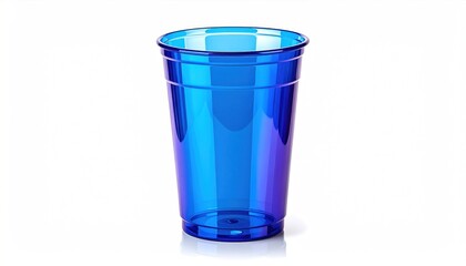Vivid blue transparent plastic cup, empty, reflecting light, isolated on white background