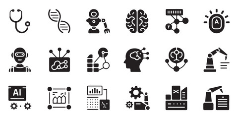 Industrial robotics automation and biotechnology icons set for future science and medicine