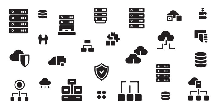 Cloud computing server database and network architecture icons for data center management