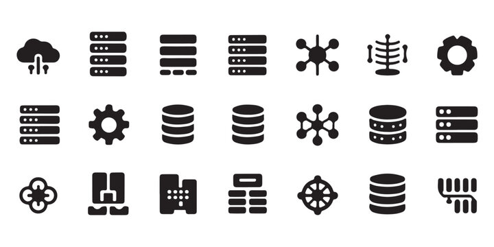 Cloud data stream, server racks, network connections, database storage and gear icons set