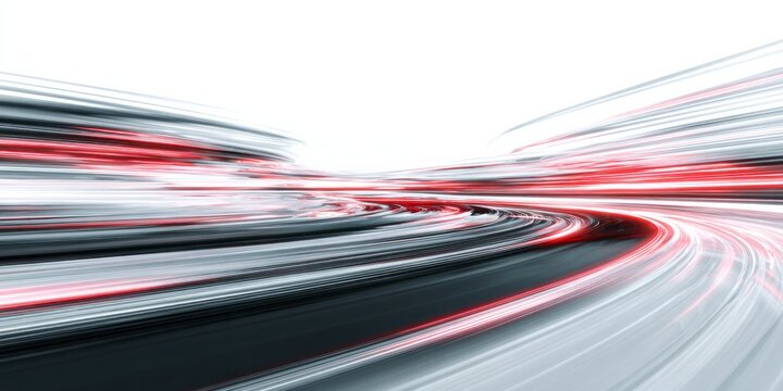 Streaking red and white light trails blur into a dynamic abstract motion perspective.