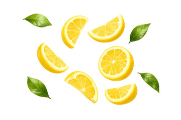 Fresh flying lemon slices and wedges with green leaves falling, representing zest, flavor, and healthy lifestyle on transparent background