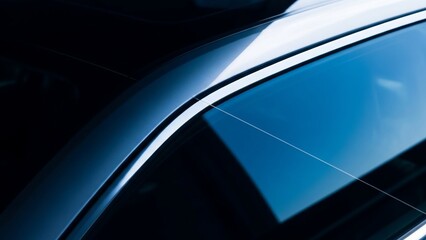 Sleek car window with reflective blue tint and silver trim.