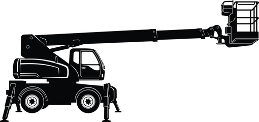 Silhouette, mobile boom lift, cherry picker, aerial platform, construction equipment, elevated work, maintenance machinery, industrial access, safety gear, worksite vehicle © MDBELAL
