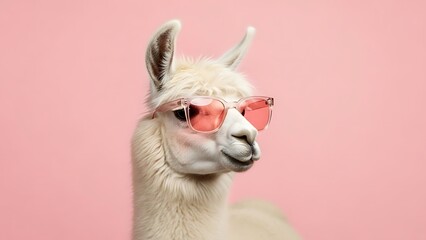 Obraz premium Llama With Pink Sunglasses Stock Photo Pet Animal Wearing Trendy Eyewear Cool Fashion Cute Funny Studio Shot Creative Animalistic Concepts