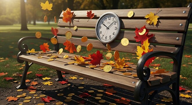 Conceptual Autumn park bench with a clock and falling leaves and golden coins representing time passing