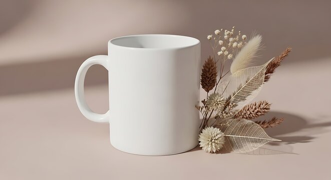 Chic white mug mockup featuring dry floral arrangement on light backdrop