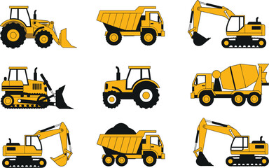 Stylized construction and agricultural vehicles illustration, front loader, dump truck, excavator, bulldozer, tractor, cement mixer, heavy machinery, industry