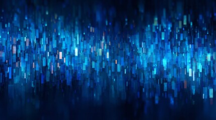 Glowing blue rectangles descend against a dark backdrop.