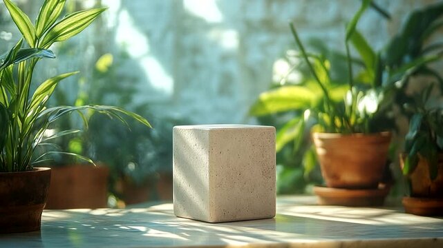 Minimalist stone cube surrounded by lush green plants