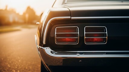 Fototapeta premium Vintage black car rear end with red taillights on a sunny day.