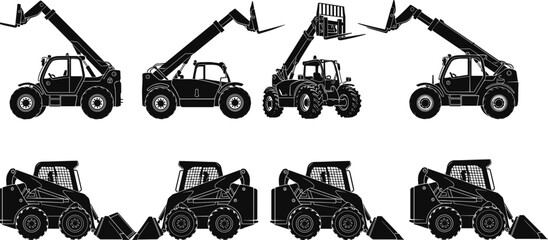 Telehandler and skid steer loader silhouettes illustration, construction vehicles, telescopic boom, front bucket, heavy machinery, industrial equipment © MDBELAL