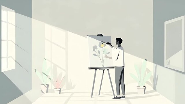 Person enjoying painting an art piece on an easel in a bright room