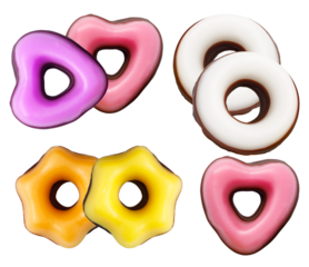 a close-up, top-down view of six assorted candies in various shapes including hearts, stars, and rings, presented on a stark transparent background for a striking visual contrast.