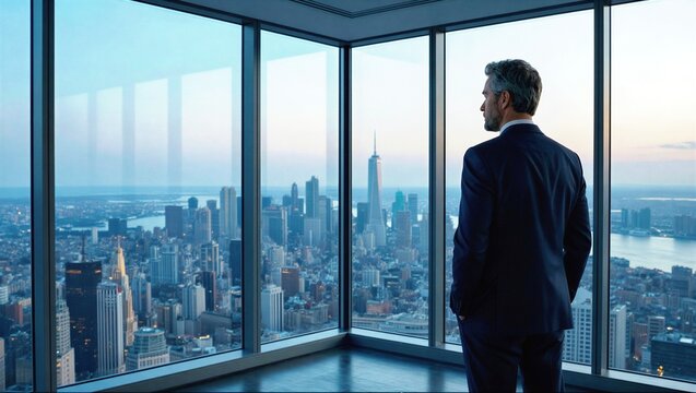 Businessman looking out of office window at city skyline