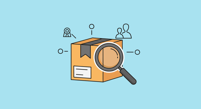 Searching for the perfect delivery or package with a magnifying glass and icons of people and network connection