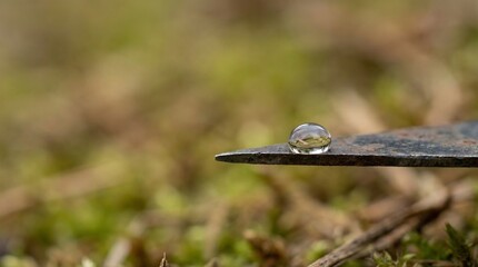 Obraz premium Water Saving Concept: Single Droplet Balanced on a Thin Metal Edge, Macro with Copy Space