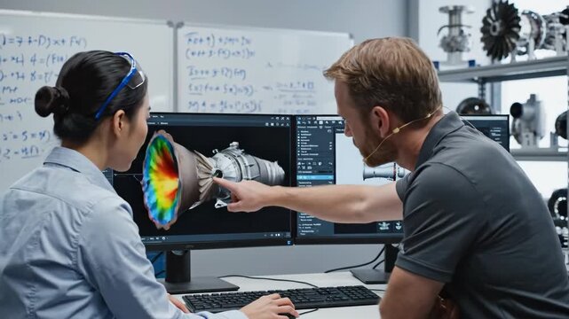 Engineers Analyze Jet Engine Component Simulation on Computer Screen in Modern Laboratory Setting