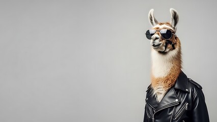 Obraz premium Cool Llama Fashion Portrait Animal Wearing Sunglasses and Leather Jacket Funny Concept Humor Beast Wildlife Glamour Trend Sartorial Style Rocker Attitude