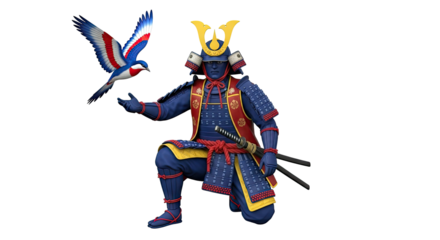 Samurai warrior with blue and red bird