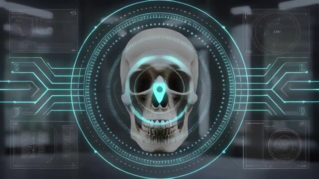 Realistic skull with futuristic technology overlay, digital art concept.