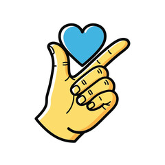 Obraz premium Cartoon hand gesture forming a small heart shape with a blue symbol in the center