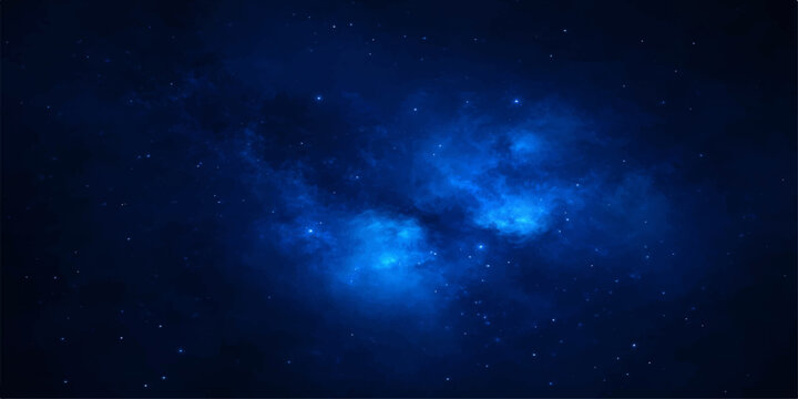 A deep blue nebula clouds the dark cosmic sky where bright stars and distant galaxies illuminate the vast abstract universe in this ethereal outer space astronomy illustration