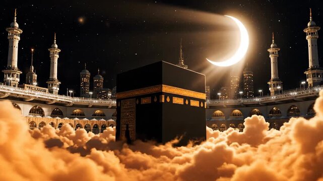 Kaaba Surrounded by Clouds Under Crescent Moon.