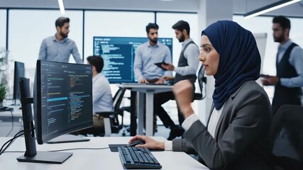 Diverse team collaborating in modern office space focused on technology development with programmers coding on computer screens