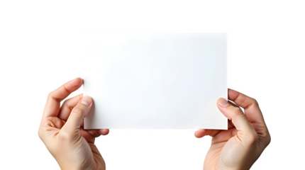 Blank horizontal poster/banner/paper/sign/letter mockup held by two hands, provided as an isolated PNG with a transparent background, ideal for branding, content and advertisements.