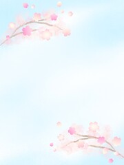 春の青空に咲く桜の花の水彩手描き背景フレーム　縦 sakura design