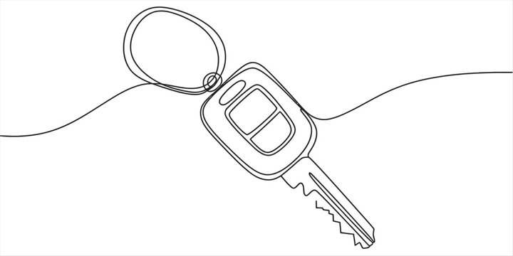 Continuous line drawing of a modern car key with remote fob and keyring
