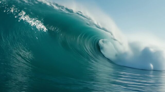 A giant breaking wave in the ocean with clear blue water