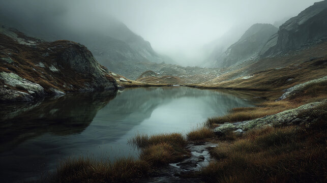 a misty lake nestled in the mountains, with muted colors and a fantastical landscape. realistic photography captures the serene and ethereal atmosphere
