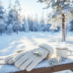 雪景色のベンチに置かれた白いニット手袋と、湯気の立つマグカップの写真。冬の温もり