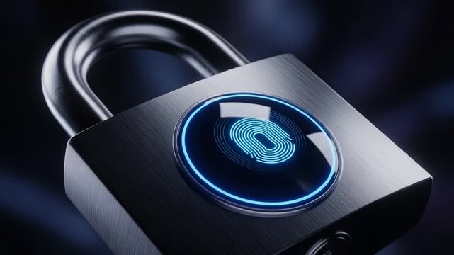 Modern biometric padlock with glowing fingerprint sensor