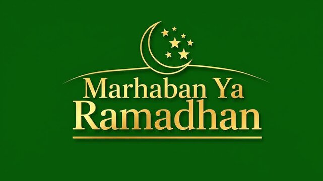 Golden Ramadan greeting with crescent moon and stars on green background